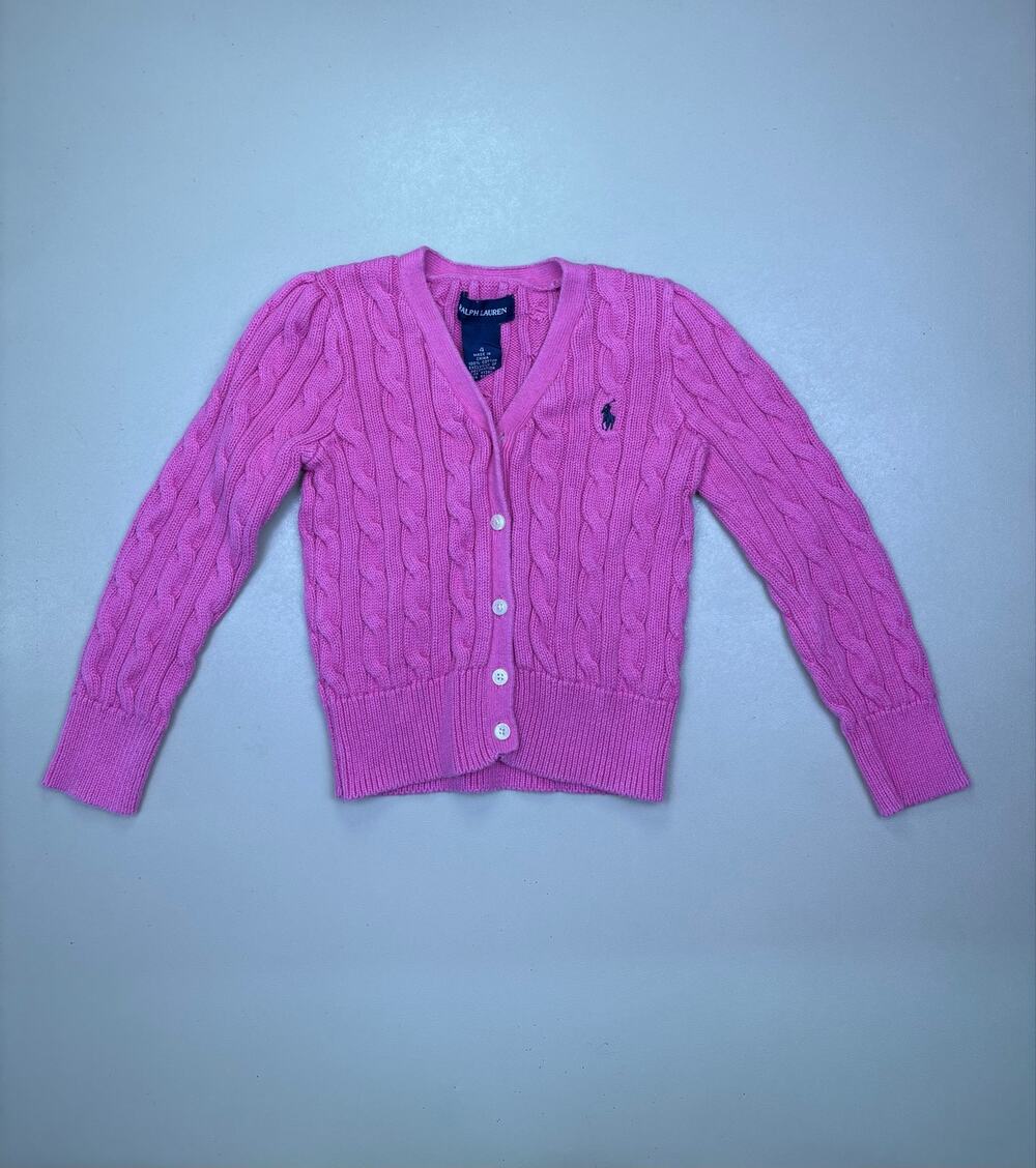 Ralph Lauren Girls Cable Knit Cardigan Sweater Pink Pony Button Front Size 4 EUC